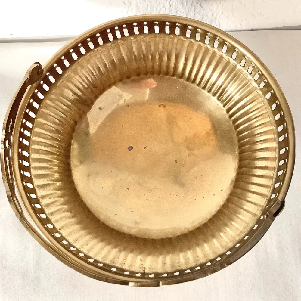 Vintage Brass Footed Bowl Basket With Handle - Detailed ~8 X 7.5 “
